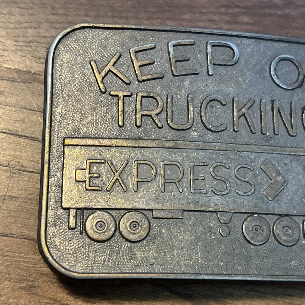 Vintage 70s Keep on Trucking Express Semi Truck Belt Buckle Brass 3x2.25